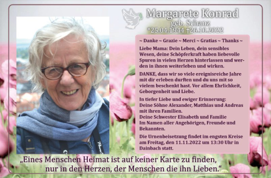 Traueranzeige von Margarete Konrad von Fränkische Nachrichten