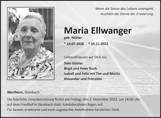 Traueranzeige von Maria Ellwanger von Fränkische Nachrichten