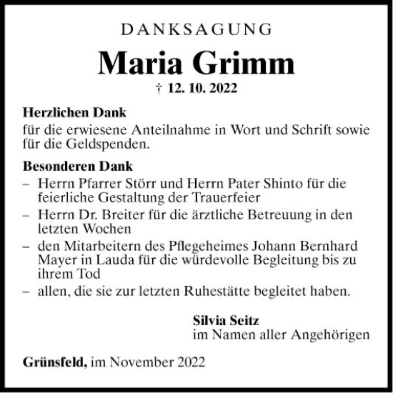 Traueranzeige von Maria Grimm von Fränkische Nachrichten
