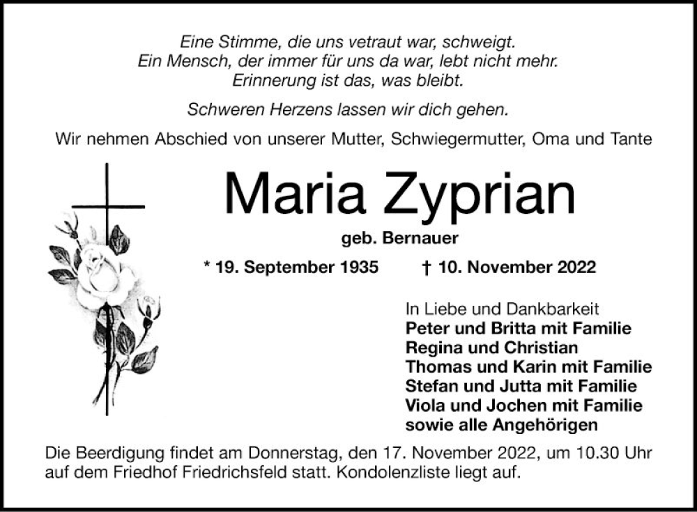  Traueranzeige für Maria Zyprian vom 14.11.2022 aus Mannheimer Morgen