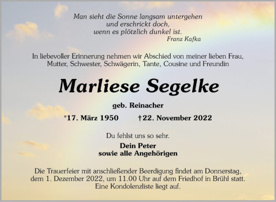 Traueranzeige von Marliese Segelke von Schwetzinger Zeitung