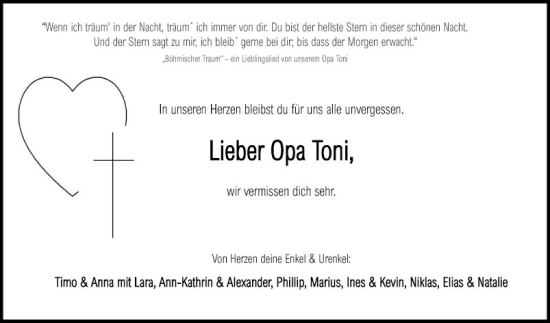 Traueranzeige von Opa Toni  von Fränkische Nachrichten
