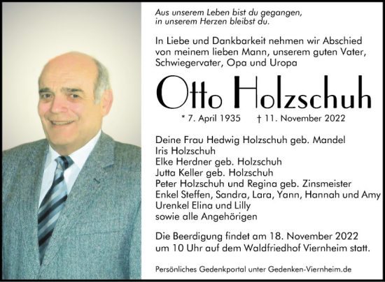 Traueranzeige von Otto Holzschuh von Mannheimer Morgen