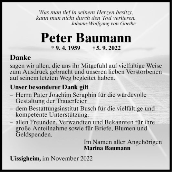 Traueranzeige von Peter Baumann von Fränkische Nachrichten
