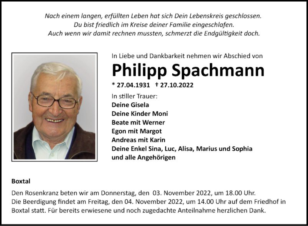  Traueranzeige für Philipp Spachmann vom 02.11.2022 aus Fränkische Nachrichten