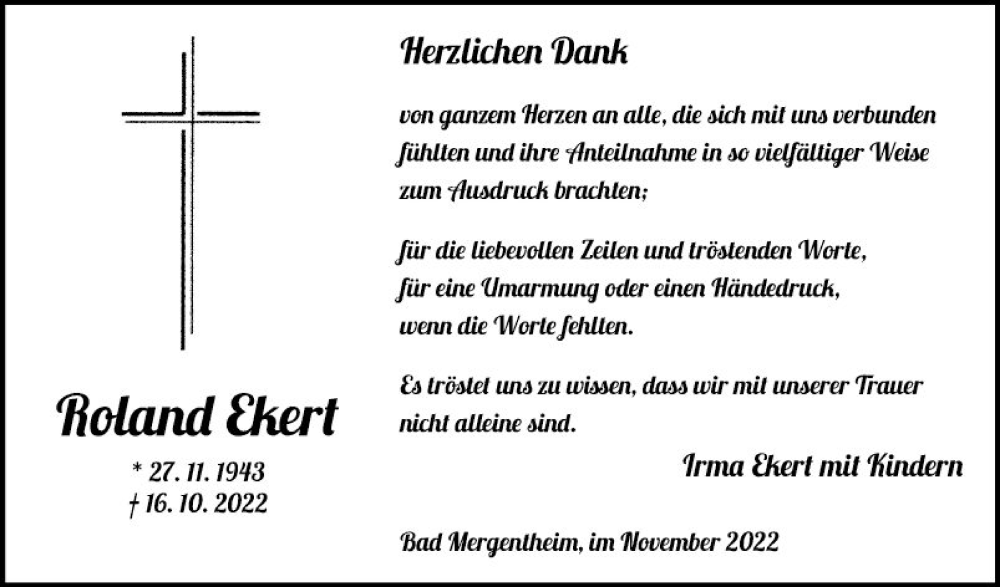  Traueranzeige für Roland Ekert vom 12.11.2022 aus Fränkische Nachrichten