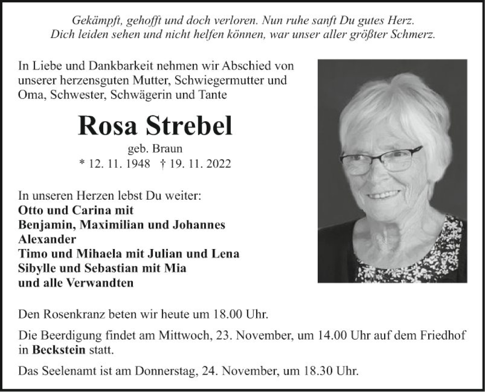  Traueranzeige für Rosa Strebel vom 22.11.2022 aus Fränkische Nachrichten