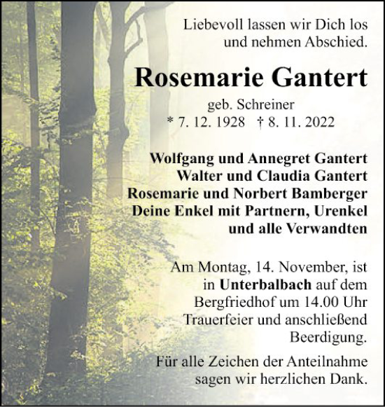 Traueranzeige von Rosemarie Gantert von Fränkische Nachrichten