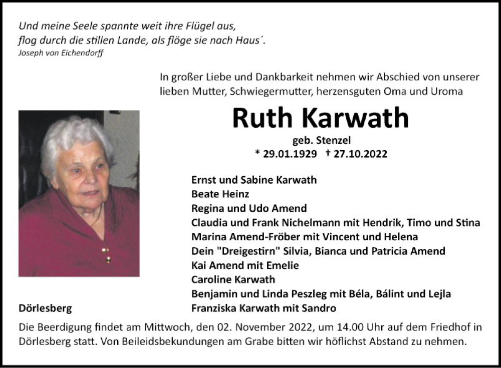 Traueranzeige für Ruth Karwath vom 02.11.2022 aus Fränkische Nachrichten
