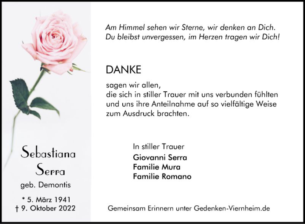  Traueranzeige für Sebastiana Serra vom 05.11.2022 aus Mannheimer Morgen