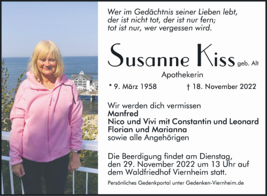 Traueranzeige von Susanne Kiss von Mannheimer Morgen
