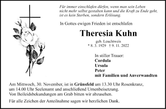 Traueranzeige von Theresia Kuhn von Fränkische Nachrichten