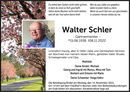 Traueranzeige von Walter Schler von Fränkische Nachrichten