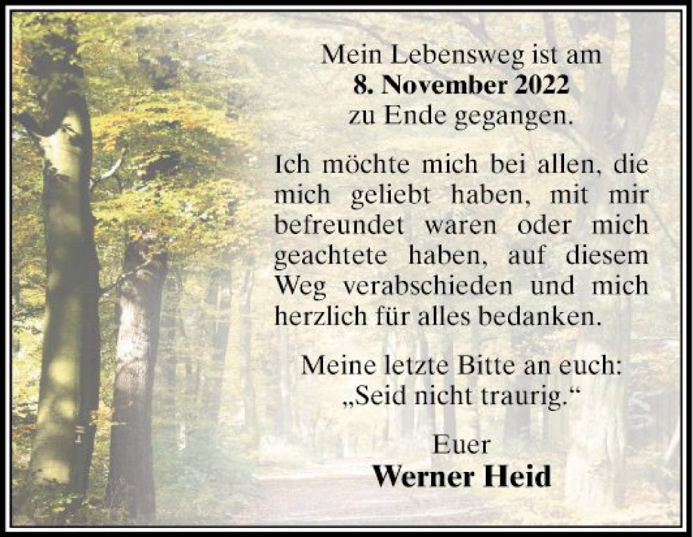  Traueranzeige für Werner Heid vom 26.11.2022 aus Schwetzinger Zeitung