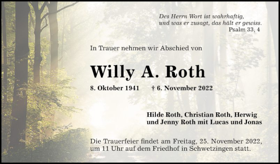 Traueranzeige von Willy A. Roth von Mannheimer Morgen