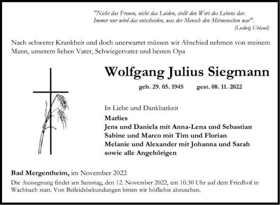 Traueranzeige von Wolfgang Julius Siegmann von Fränkische Nachrichten