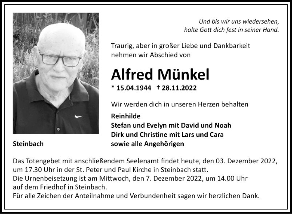  Traueranzeige für Alfred Münkel vom 03.12.2022 aus Fränkische Nachrichten