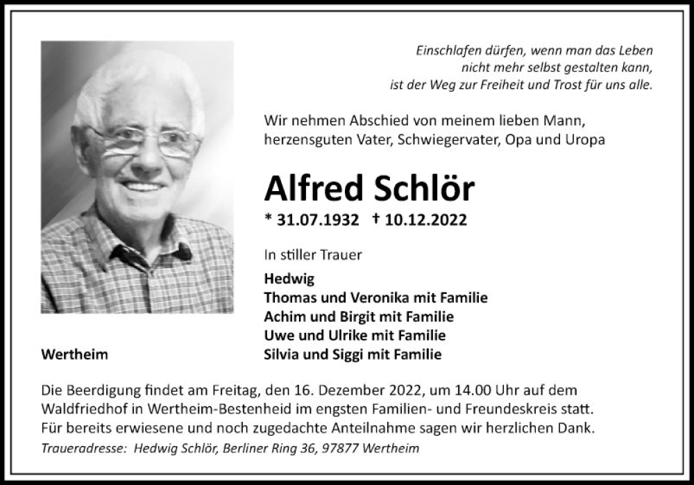  Traueranzeige für Alfred Schlör vom 13.12.2022 aus Fränkische Nachrichten