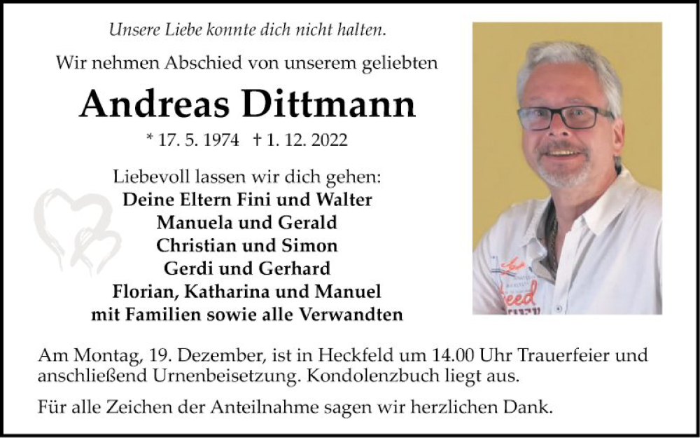  Traueranzeige für Andreas Dittmann vom 13.12.2022 aus Fränkische Nachrichten