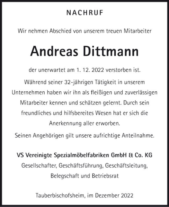 Traueranzeige von Andreas Dittmann von Fränkische Nachrichten
