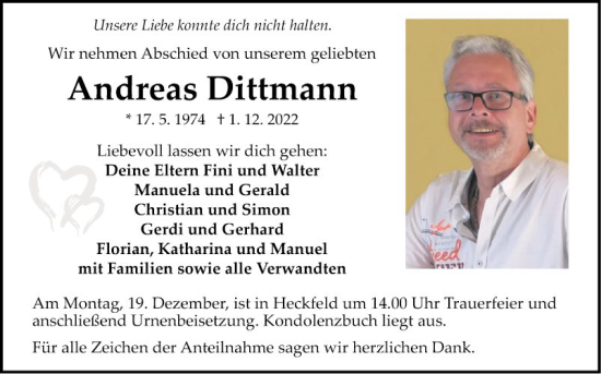 Traueranzeige von Andreas Dittmann von Fränkische Nachrichten