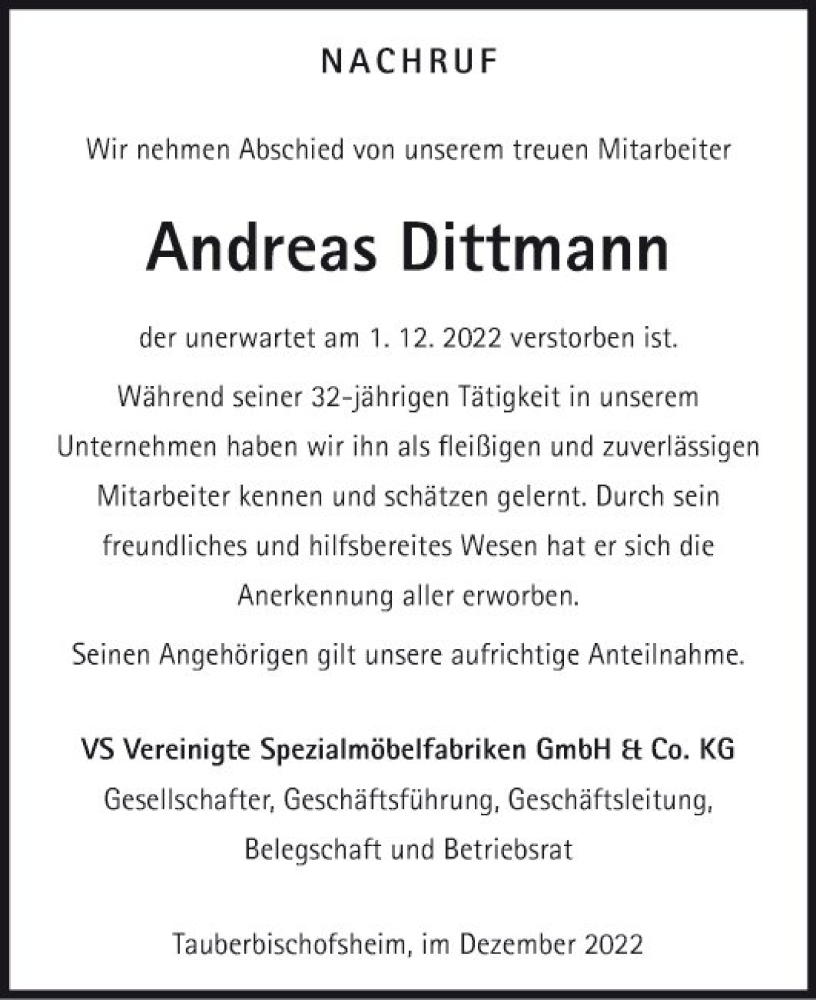  Traueranzeige für Andreas Dittmann vom 13.12.2022 aus Fränkische Nachrichten