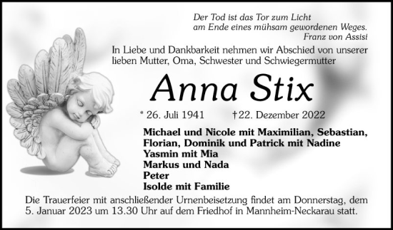 Traueranzeige von Anna Stix von Mannheimer Morgen