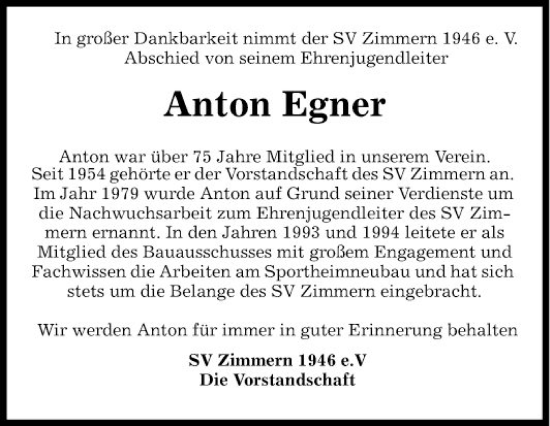 Traueranzeige von Anton Egner von Fränkische Nachrichten