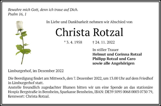 Traueranzeige von Christa Rotzal von Bergsträßer Anzeiger