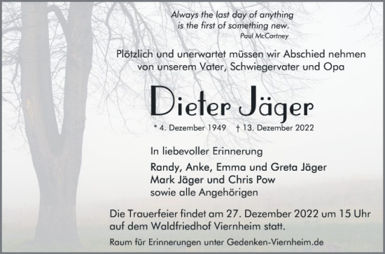 Traueranzeige von Dieter Jäger von Mannheimer Morgen