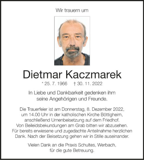 Traueranzeige von Dietmar Kaczmarek von Fränkische Nachrichten