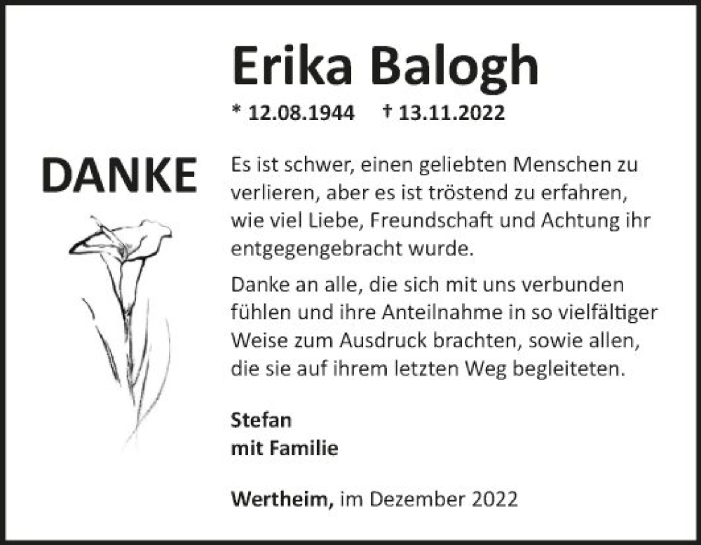 Traueranzeige für Erika Balogh vom 09.12.2022 aus Fränkische Nachrichten