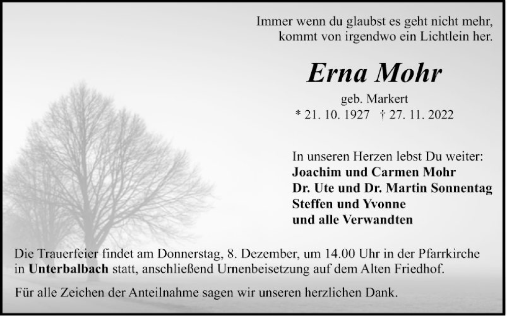  Traueranzeige für Erna Mohr vom 03.12.2022 aus Fränkische Nachrichten
