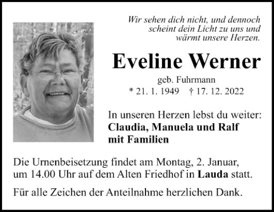 Traueranzeige von Eveline Werner von Fränkische Nachrichten