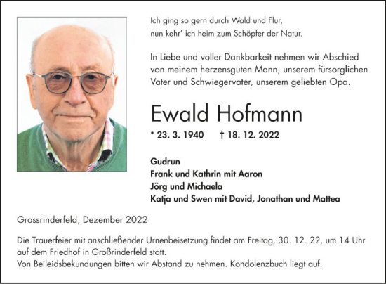 Traueranzeige von Ewald Hofmann von Fränkische Nachrichten
