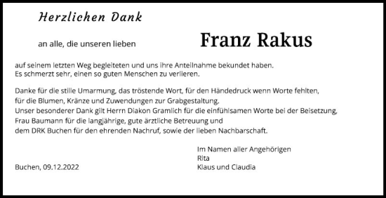 Traueranzeige von Franz Rakus von Fränkische Nachrichten