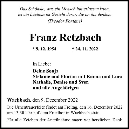Traueranzeige von Franz Retzbach von Fränkische Nachrichten