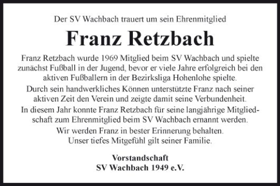 Traueranzeige von Franz Retzbach von Fränkische Nachrichten