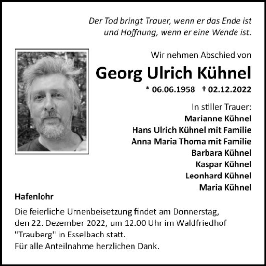 Traueranzeige von Georg Ulrich Kühnel von Fränkische Nachrichten