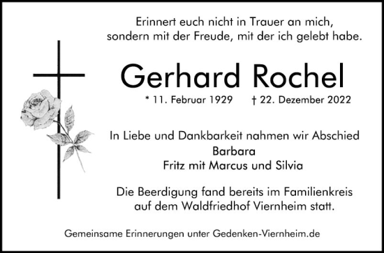 Traueranzeige von Gerhard Rochel von Mannheimer Morgen