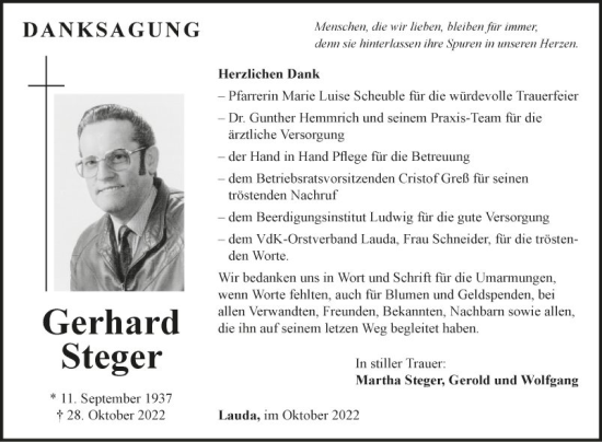 Traueranzeige von Gerhard Steger von Fränkische Nachrichten
