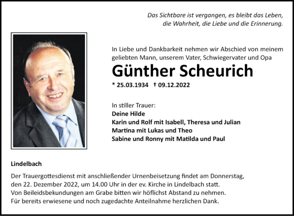  Traueranzeige für Günther Scheurich vom 17.12.2022 aus Fränkische Nachrichten