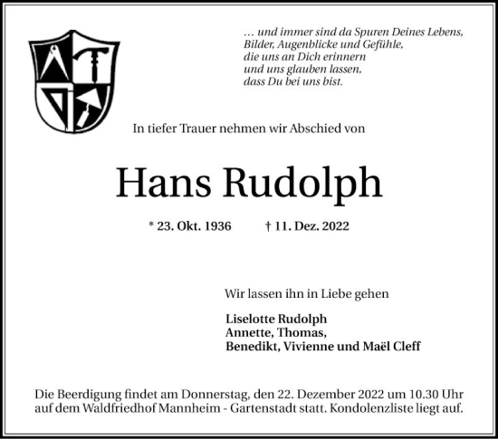 Traueranzeige von Hans Rudolph von Mannheimer Morgen