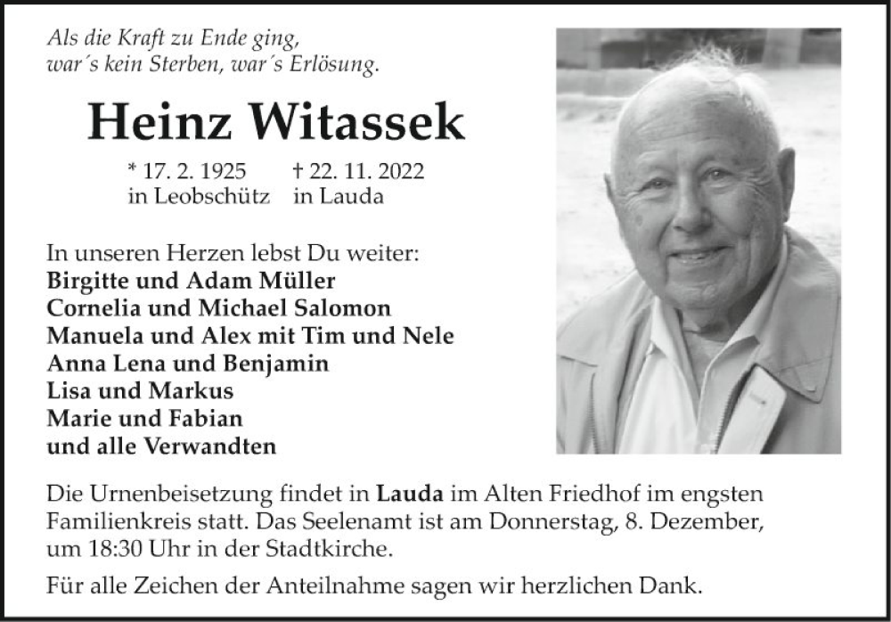  Traueranzeige für Heinz Witassek vom 03.12.2022 aus Fränkische Nachrichten