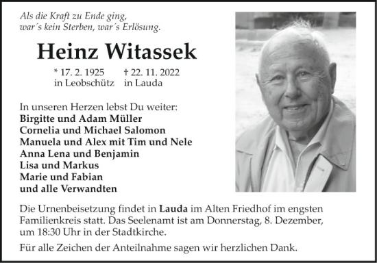 Traueranzeige von Heinz Witassek von Fränkische Nachrichten