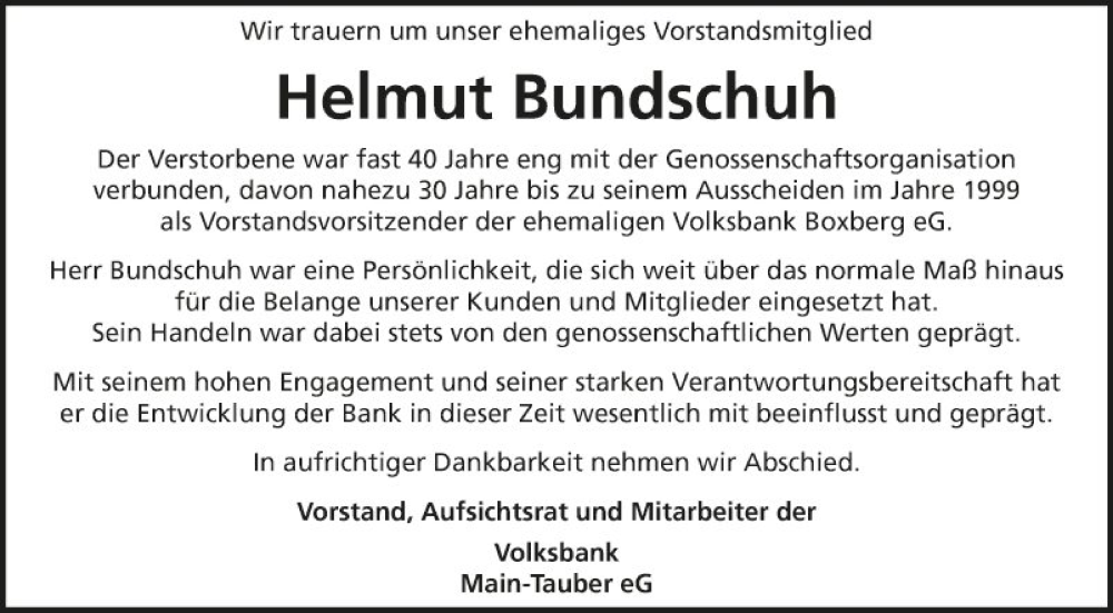  Traueranzeige für Helmut Bundschuh vom 17.12.2022 aus Fränkische Nachrichten