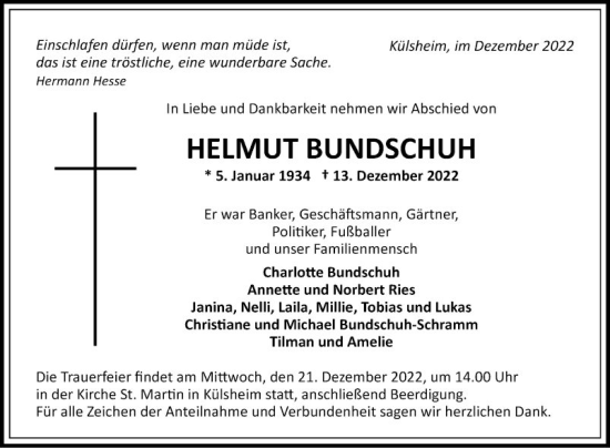 Traueranzeige von Helmut Bundschuh von Fränkische Nachrichten
