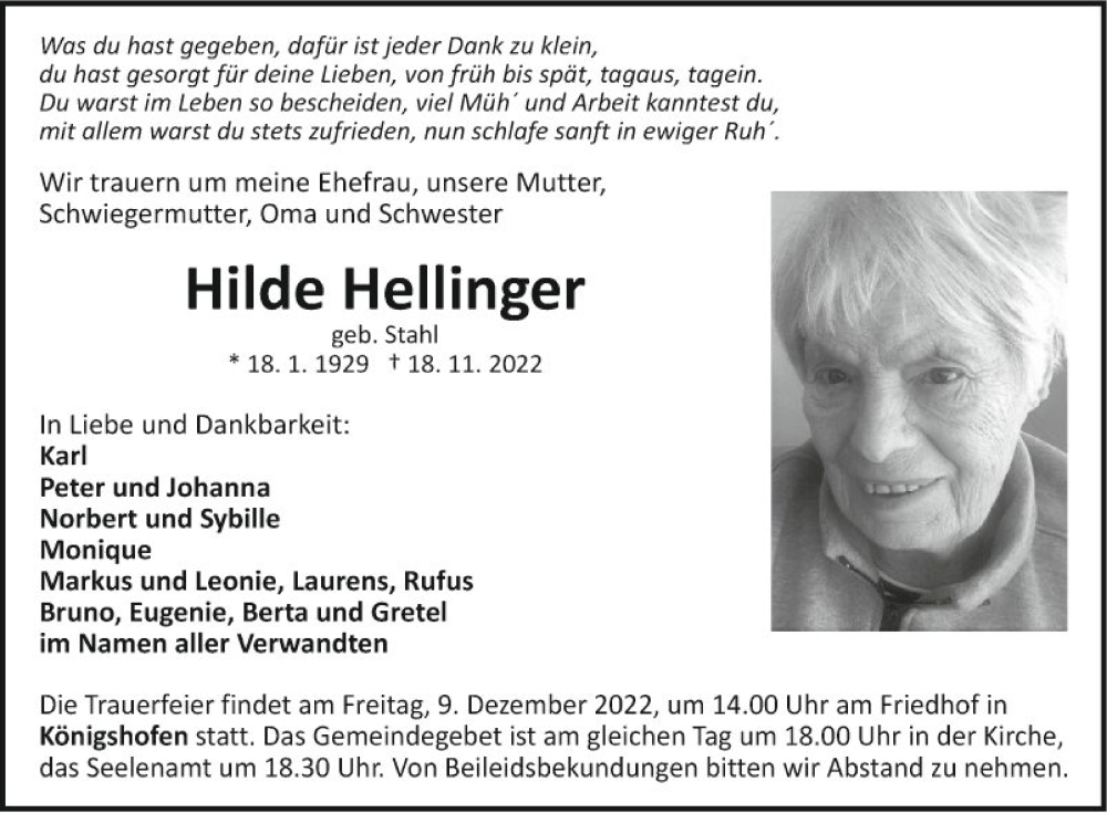 Traueranzeigen von Hilde Hellinger | Trauerportal Ihrer Tageszeitung