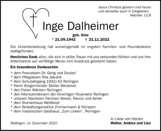 Traueranzeige von Inge Dalheimer von Schwetzinger Zeitung