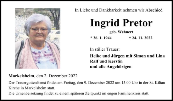 Traueranzeige von Ingrid Pretor von Fränkische Nachrichten